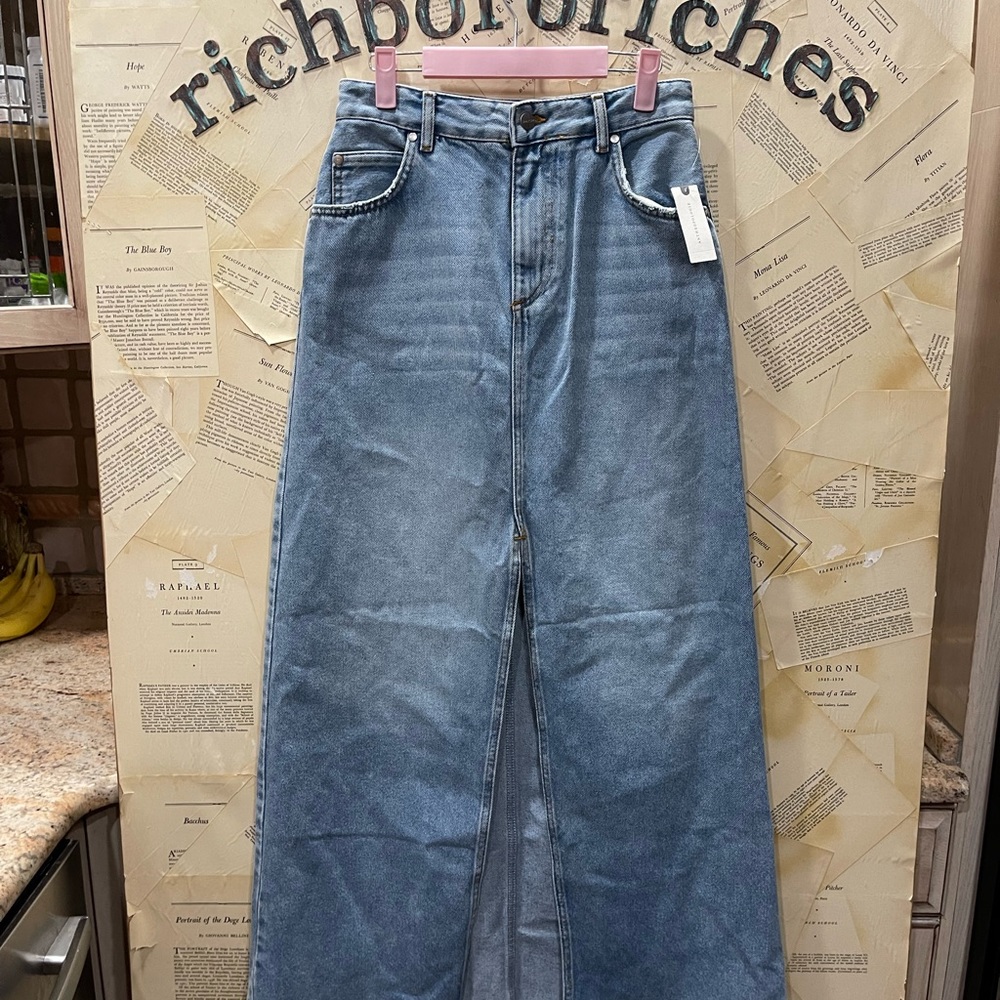 Anthropologie Pilcro Madi Front Slit Denim Maxi Skirt Raw Hem Positano WashBlue - Picture 6 of 7